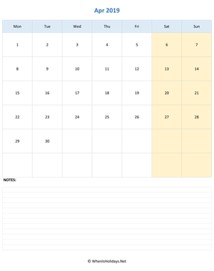 april 2019 editable calendar with notes vertical