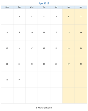 blank printable calendar april 2019 vertical