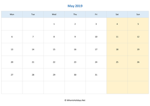 blank printable calendar may 2019 horizontal