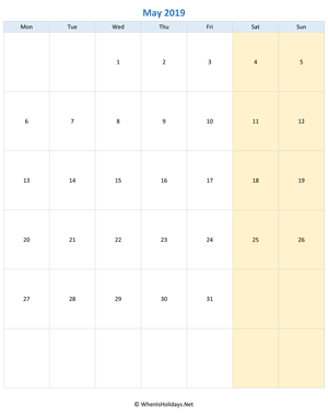 blank printable calendar may 2019 vertical