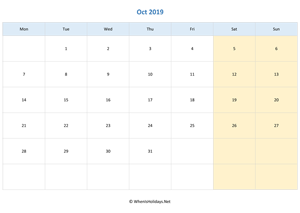 blank printable calendar october 2019 horizontal