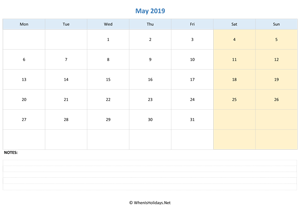 may 2019 editable calendar notes horizontal