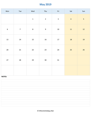 may 2019 editable calendar notes vertical