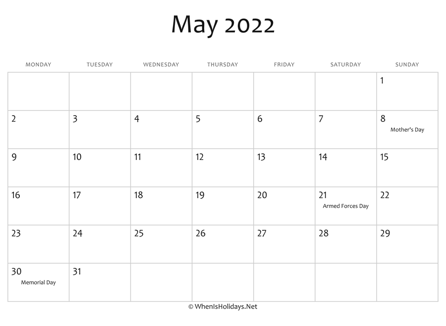 May 2022 Calendar Printable With Holidays Whenisholidaysnet