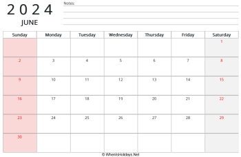 printable june 2024 calendar with us holidays and notes on top, landscape layout