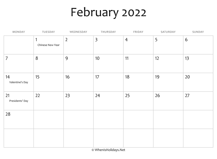 February 2022 Calendar Printable With Holidays Whenisholidays Net