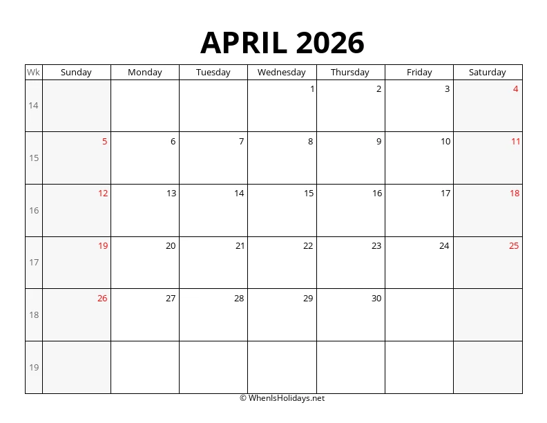 April 2026 Week Number Calendar