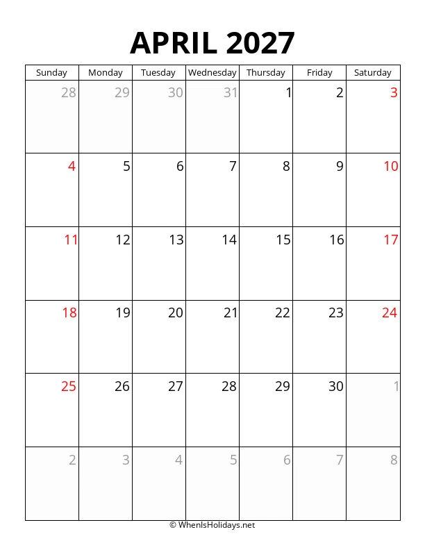 April 2027 Portrait Calendar