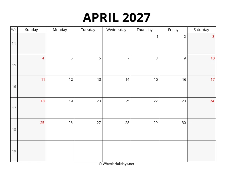 April 2027 Week Number Calendar