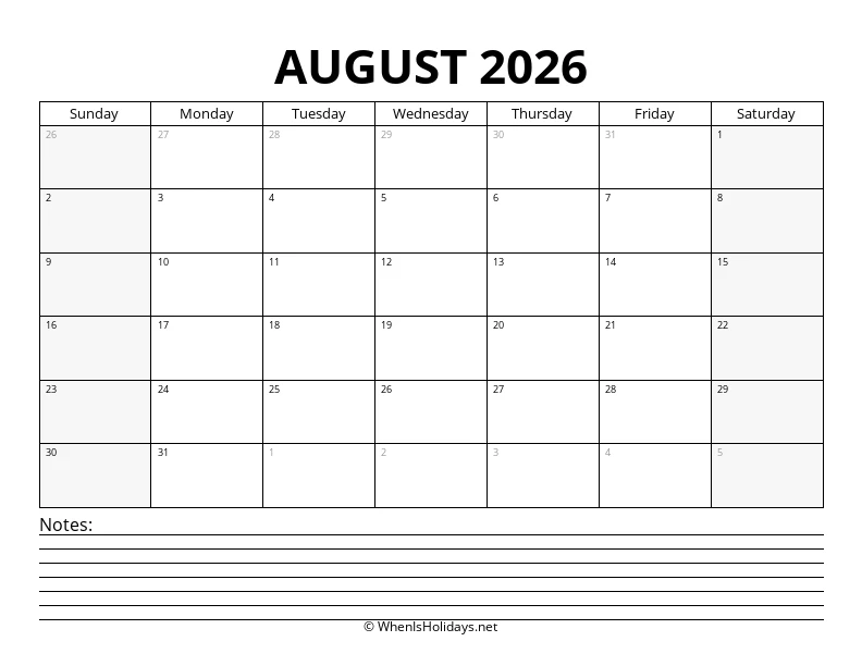 August 2026 Bottom Notes Calendar