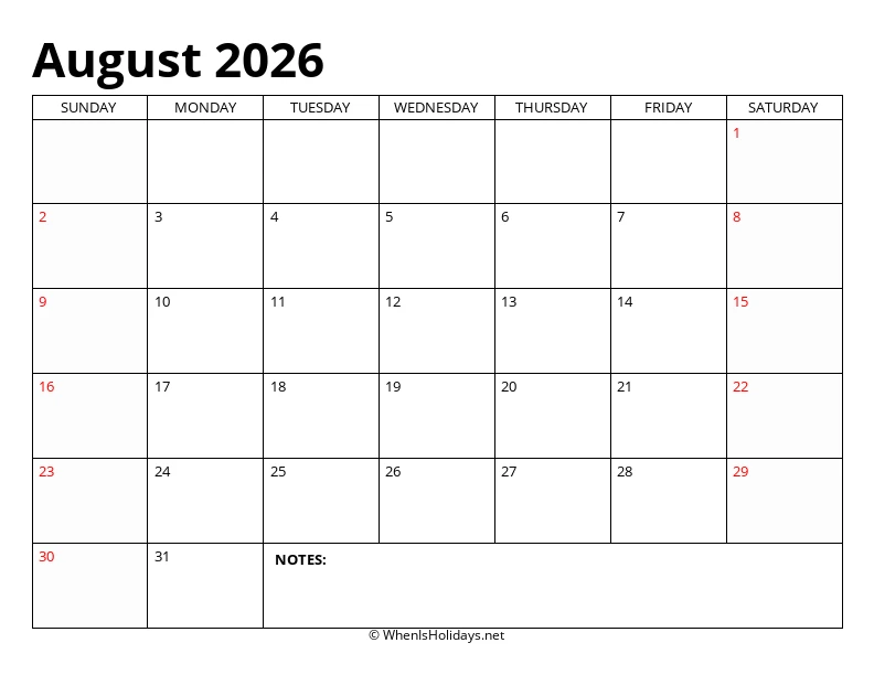 August 2026 Classic Calendar