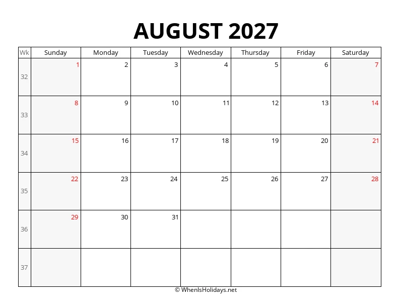 August 2027 Week Number Calendar