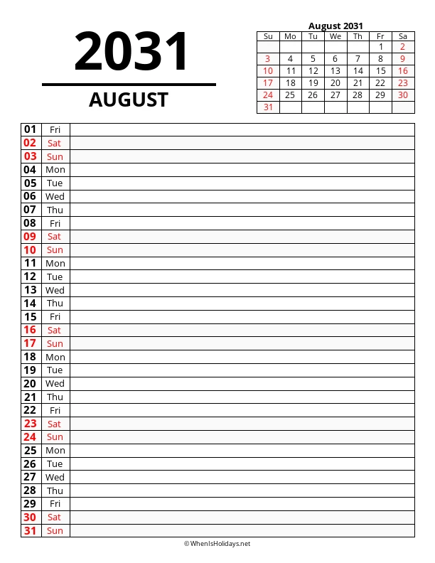 August 2031 Agenda Calendar
