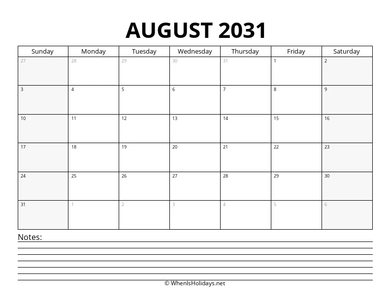 August 2031 Bottom Notes Calendar