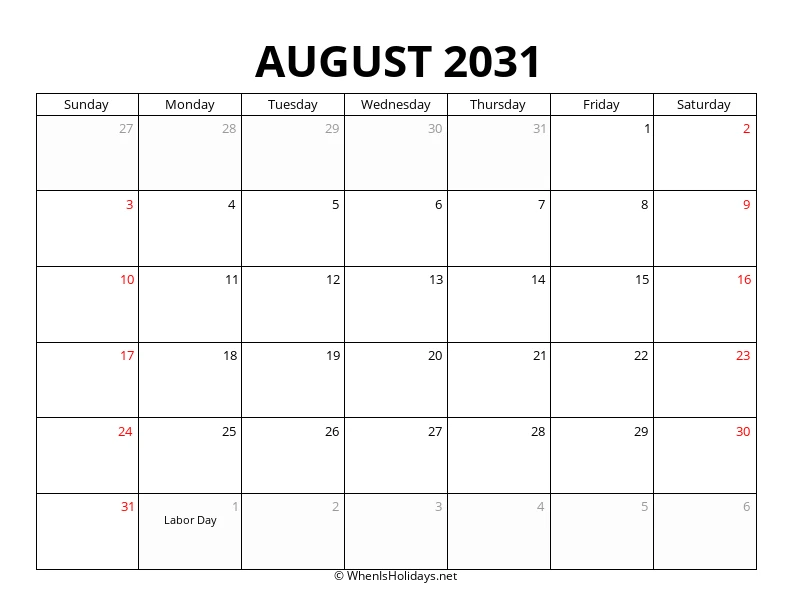 August 2031 Customizable Calendar