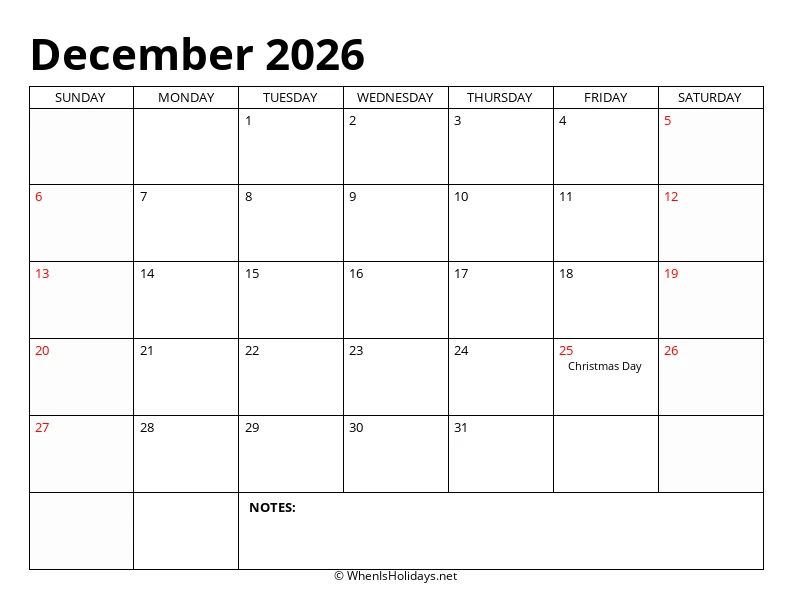 December 2026 Classic Calendar