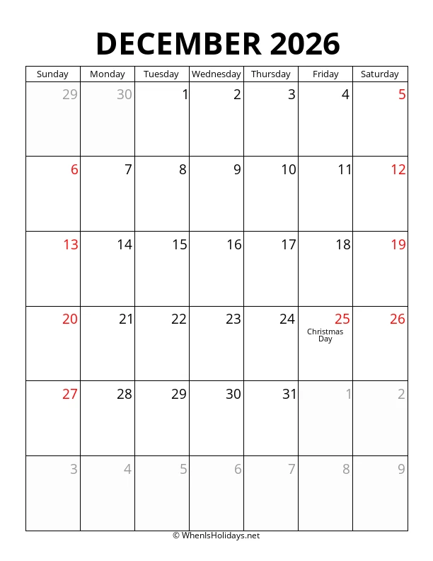 December 2026 Portrait Calendar