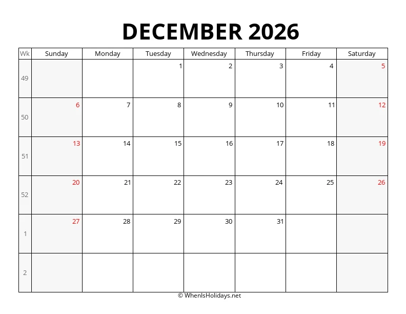 December 2026 Week Number Calendar