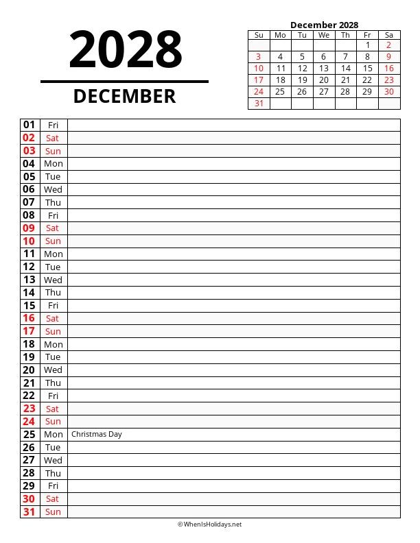 December 2028 Agenda Calendar