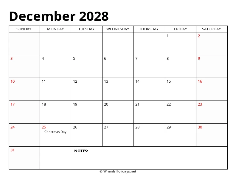 December 2028 Classic Calendar