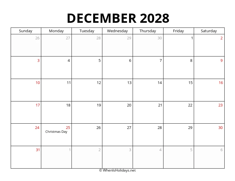 December 2028 Customizable Calendar