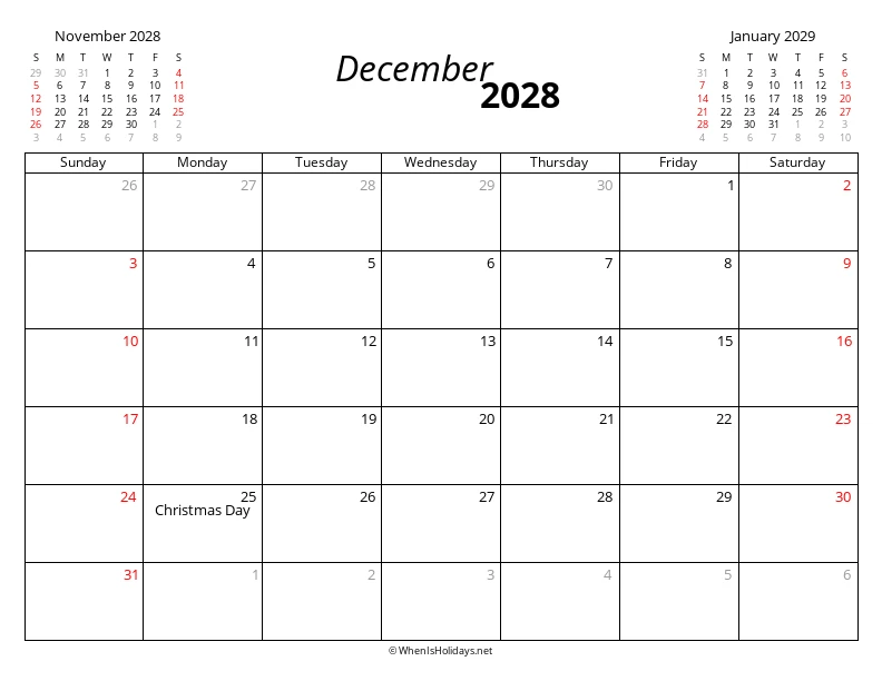 December 2028 Modern Calendar