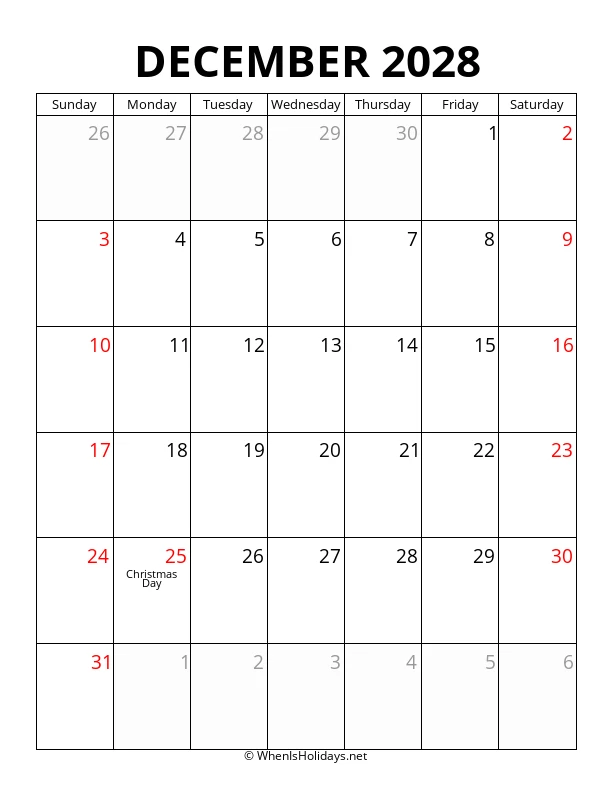 December 2028 Portrait Calendar