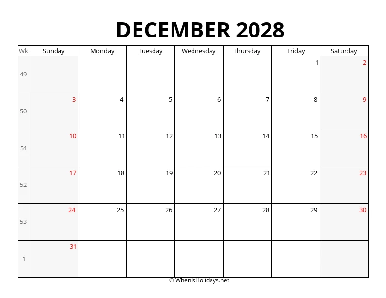 December 2028 Week Number Calendar