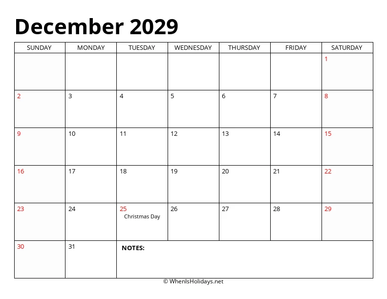 December 2029 Classic Calendar