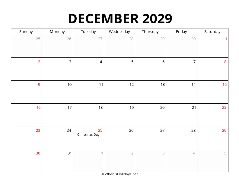 December 2029 Customizable Calendar