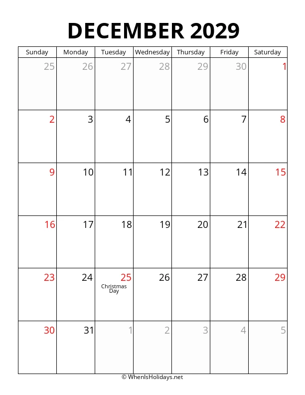 December 2029 Portrait Calendar