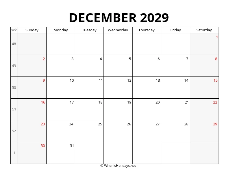 December 2029 Week Number Calendar