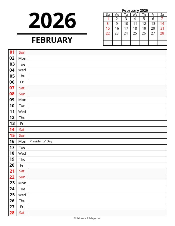 February 2026 Agenda Calendar