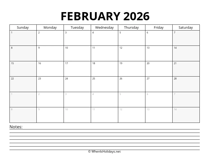 February 2026 Bottom Notes Calendar