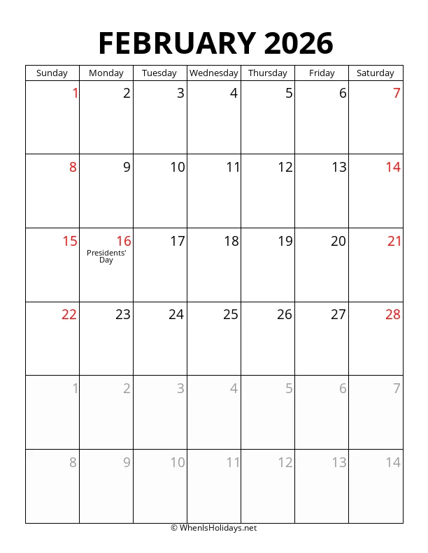 February 2026 Portrait Calendar