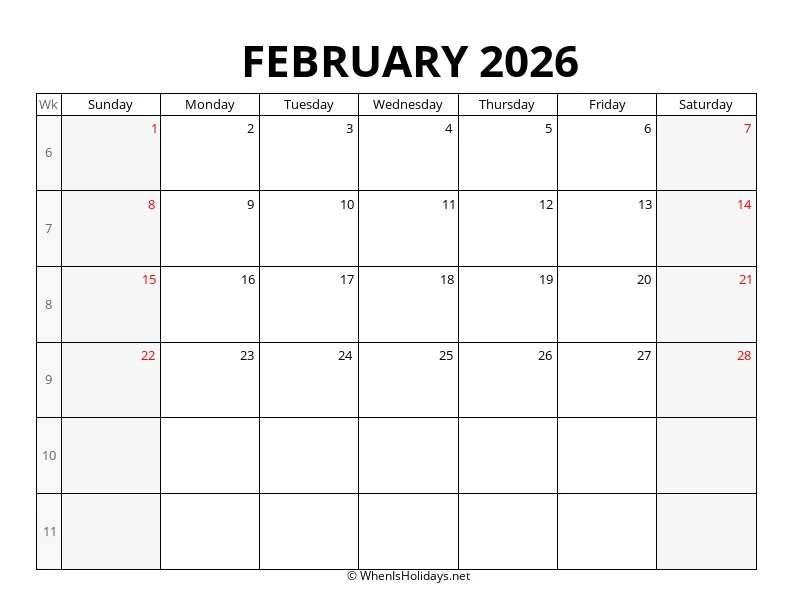 February 2026 Week Number Calendar
