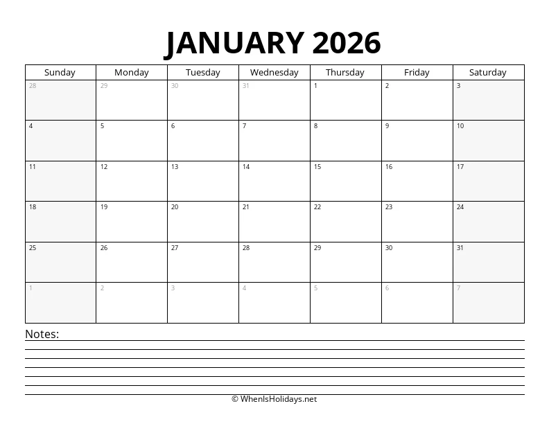 January 2026 Bottom Notes Calendar