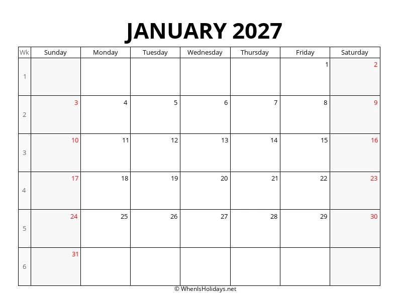 January 2027 Week Number Calendar