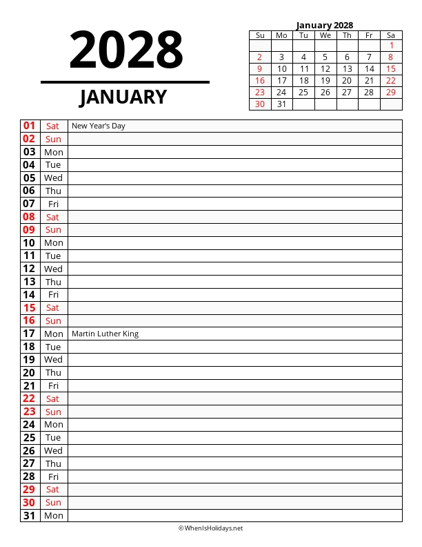 January 2028 Agenda Calendar