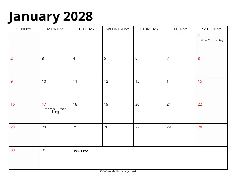 January 2028 Classic Calendar