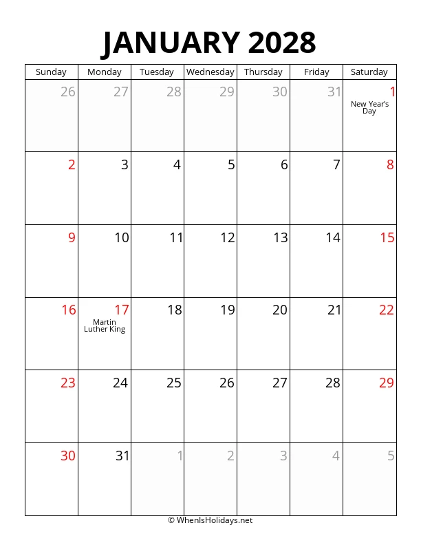 January 2028 Portrait Calendar