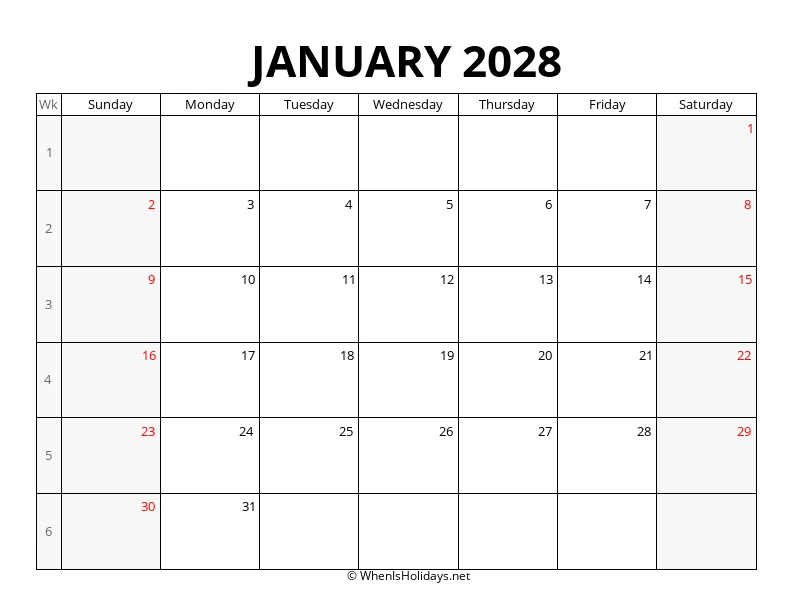 January 2028 Week Number Calendar