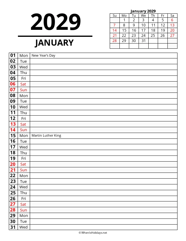 January 2029 Agenda Calendar