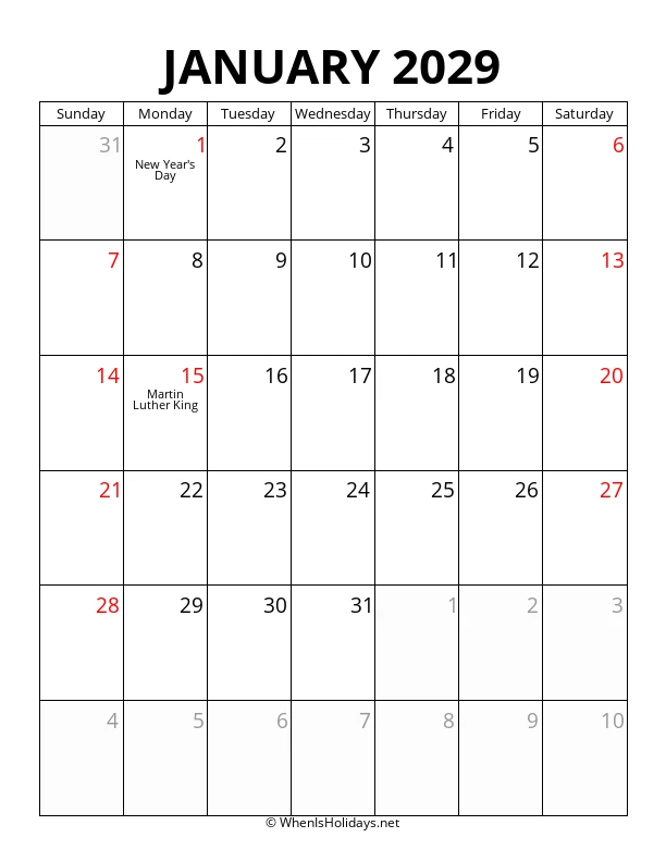 January 2029 Portrait Calendar