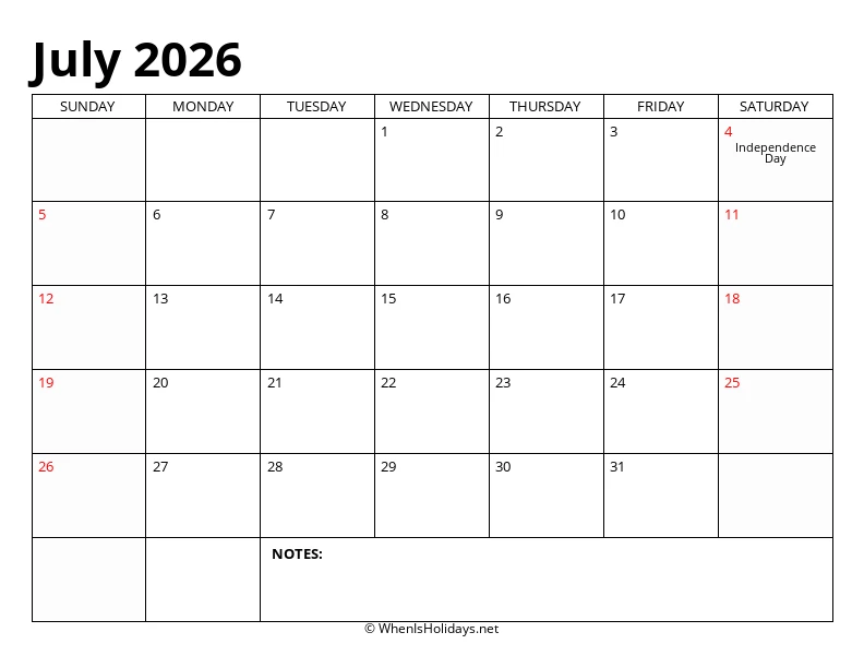 July 2026 Classic Calendar
