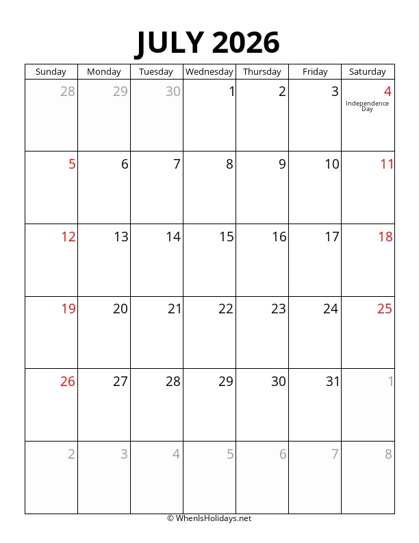 July 2026 Portrait Calendar