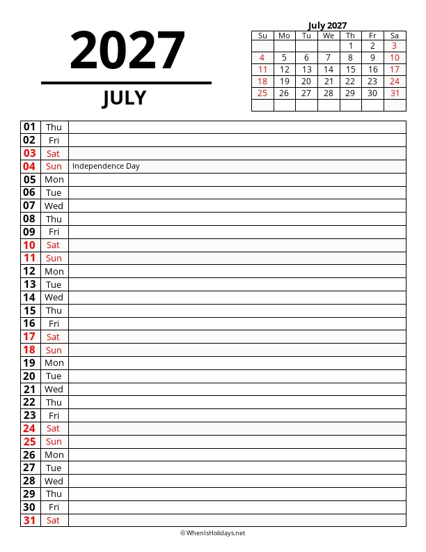 July 2027 Agenda Calendar