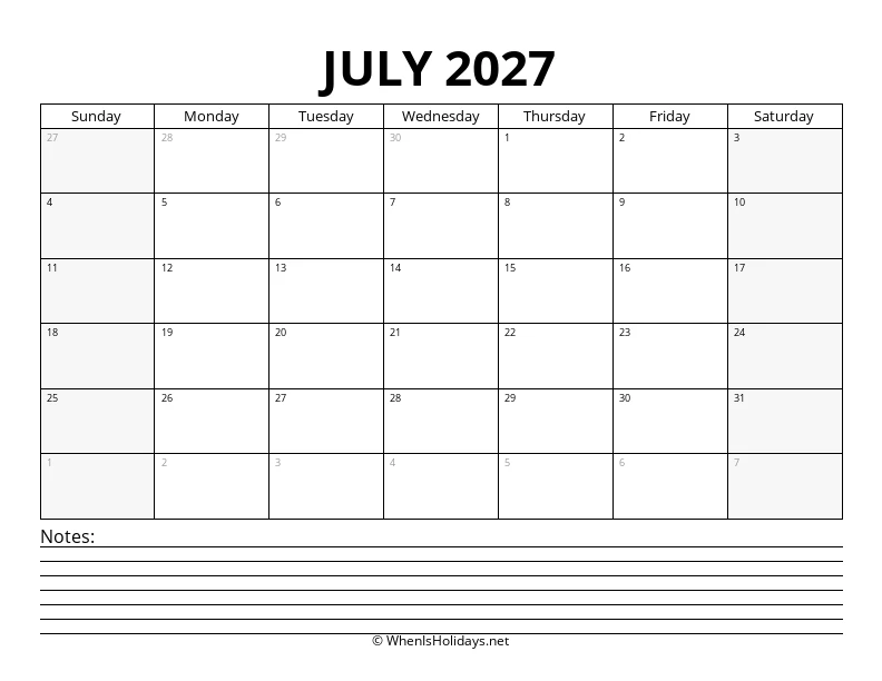 July 2027 Bottom Notes Calendar