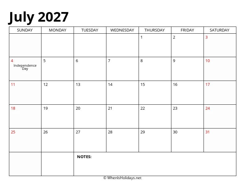 July 2027 Classic Calendar