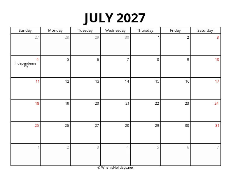 July 2027 Customizable Calendar